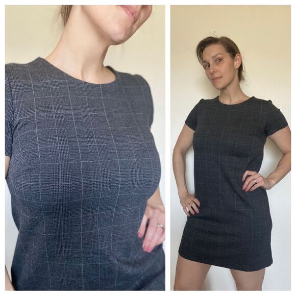 LOFT Dress Windowpane Plaid Gray Office Work Minimal Small Classic - Picture 1 of 12